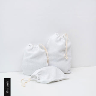 Zero Waste White Linen Drawstring Bags Set of 3 - Linen Tales 